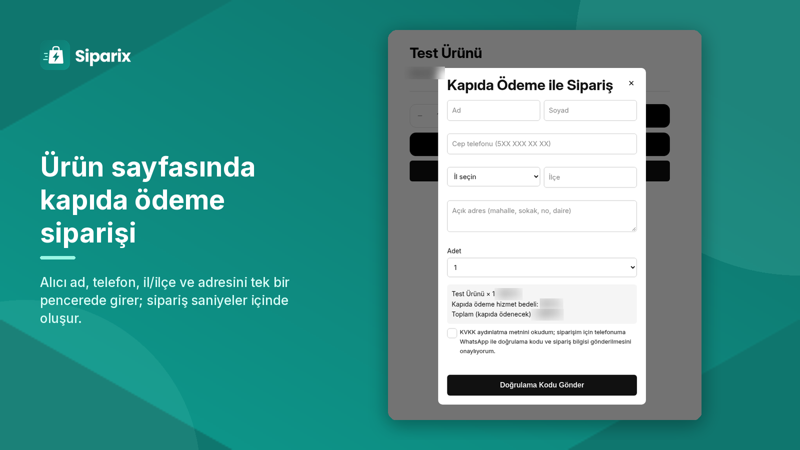 Ürün sayfasında kapıda ödeme sipariş formu: ad, telefon, il, ilçe ve adres alanları
